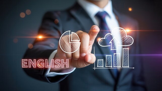 Professional businessman in a sharp suit interacts with digital English language learning software graphics floating on a dark blurred background