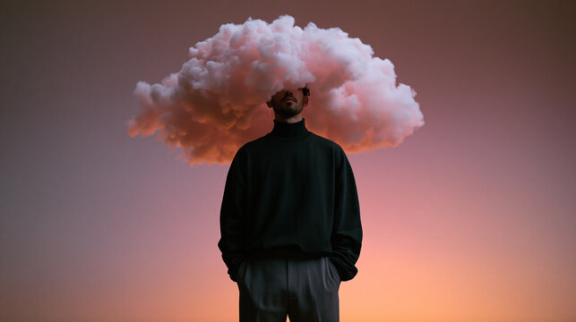 Man with Head in Cloud at Sunset Conceptual Portrait