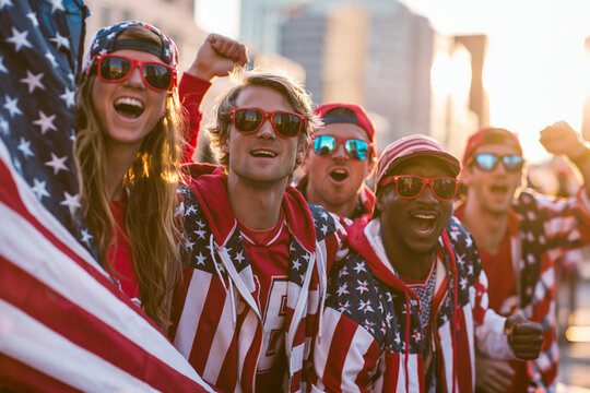 Excited American Sports Fans Cheering with USA Flag