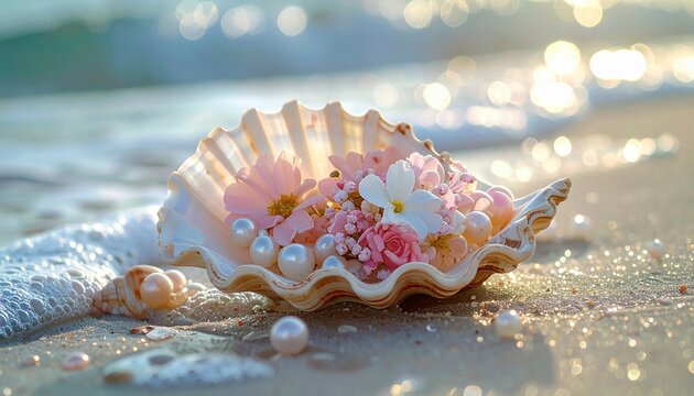 A seashell filled with pearls and flowers, summer ocean fantasy concept