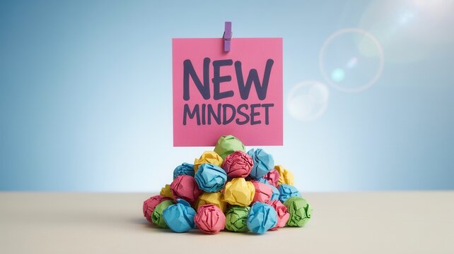 Pink paper note stating new mindset displayed above colorful crumpled paper balls reflecting creative thoughts and innovative business change strategy