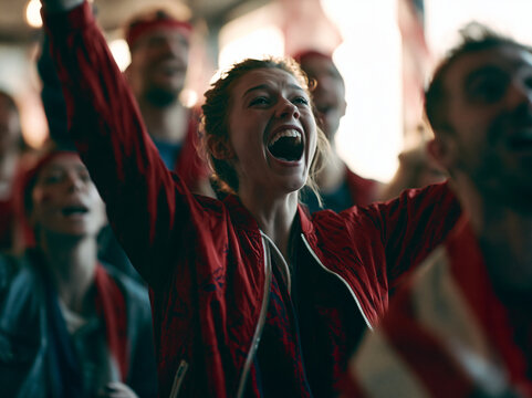Excited Young Woman Cheering for Sports Team in Crowd