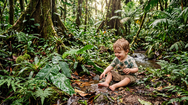 baby boy playing in tropical rain forest