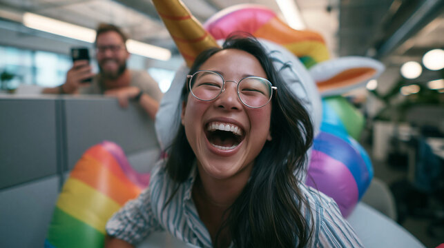 Cheerful Asian Woman Laughing with Inflatable Unicorn in Office