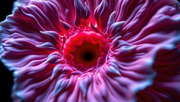 The image features a close up view of a vibrant, textured flower with curled and frilled petals that form a circular opening at the center