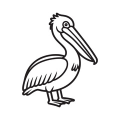Fototapeta premium Cute pelican bird outline vector illustration for kids coloring book, outline black and white line art isolated on white background.