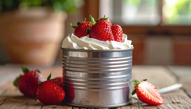 Vintage dessert can with whipped cream and strawberries, 1950s nostalgia