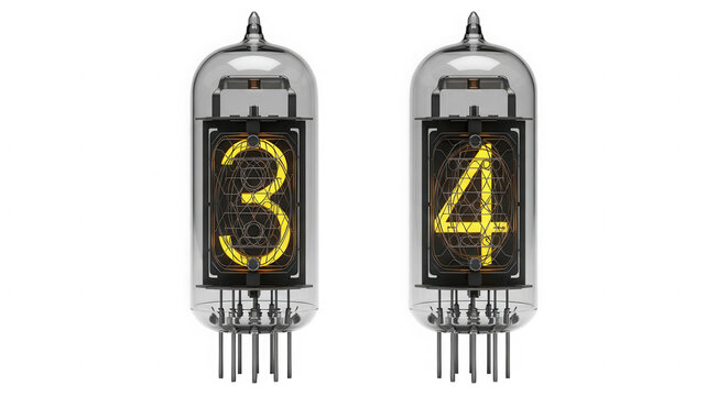 Two vintage nixie tubes showing numbers three and four isolated on transparent background