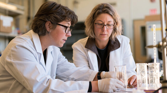 Demonstrating a test procedure beside a laboratory sample, a science instructor and an adult learner work in a working laboratory as the laboratory sample positioned beside one