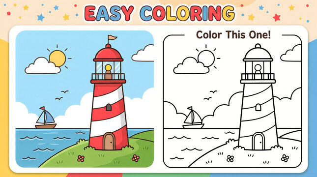 Lighthouse coloring activity sheet for kids with color reference and outline drawing