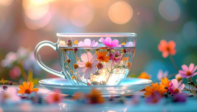 A glass teacup with tiny flowers floating inside, magical spring concept