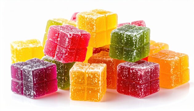 Assorted fruit jelly cubes isolated on white background