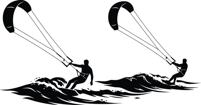 Kitesurfers riding ocean waves are depicted in a black silhouette style