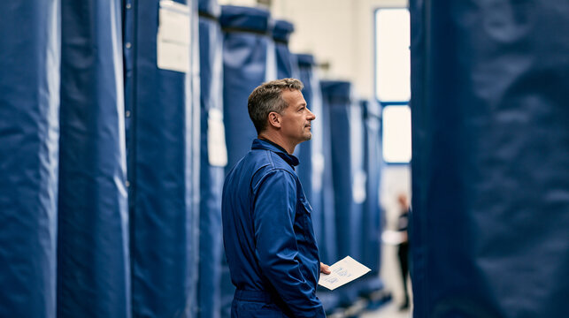 In a practical testing laboratory, a production engineer is walking an inspection route beside protective equipment; foreground detail of the protective equipment and a small