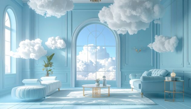 A pastel blue room with floating clouds and elegant furniture, dreamy interior design