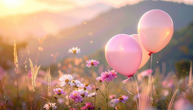 Romantic flowers and balloons with blurred nature background