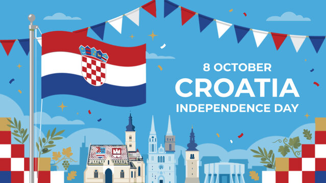 Croatia Independence Day Celebration Banner with Flag and Zagreb Landmarks