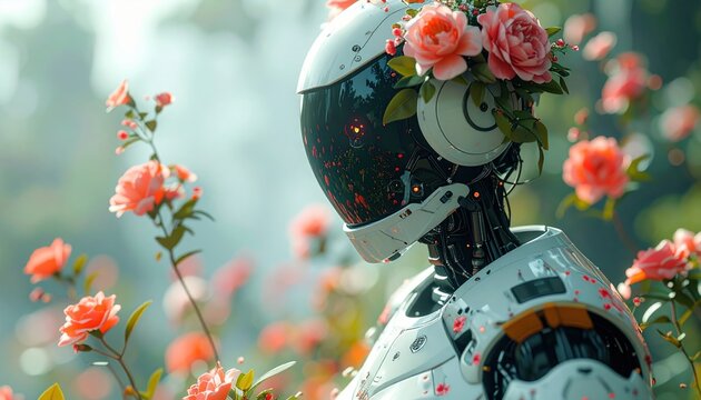 A futuristic robot wearing a floral dress, technology and nature concept