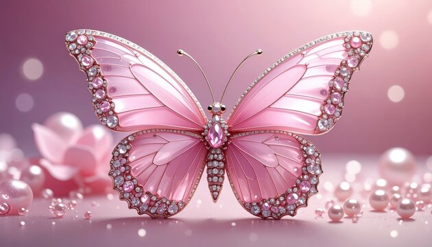 A pink butterfly made of crystal and pearls, luxury fantasy design