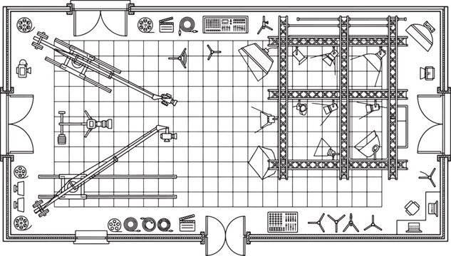 Top view floor plan of a film production studio with cameras and lighting equipment line drawing