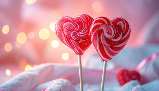 Two heart shaped lollipops, romantic Valentine concept