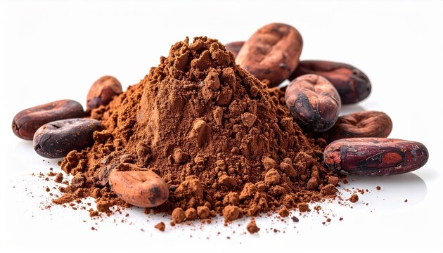 Cocoa powder with roasted cocoa beans isolated on white background, gourmet baking ingredient photography