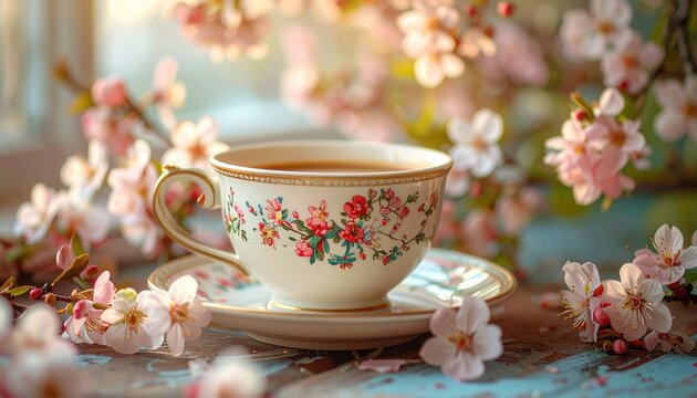 A vintage coffee cup surrounded by blooming spring flowers, cozy morning routine concept