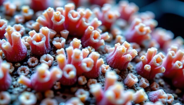 The image features a close up view of a cluster of small, tubular coral polyps with vibrant pink and yellow coloration