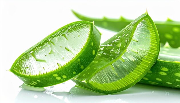 Close-up of juicy Aloe Vera slices with fresh gel texture, isolated on white background