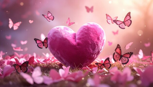 A pink velvet heart surrounded by butterflies, romantic Valentine concept