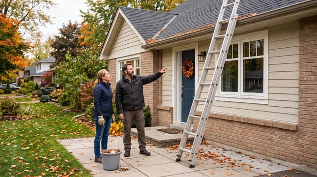 Two adults plan safe autumn gutter cleaning