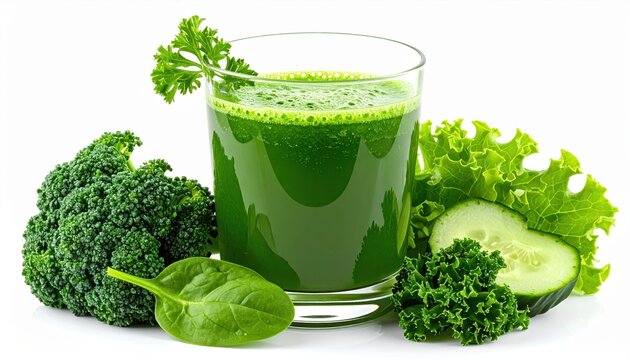 Glass of fresh green vegetable juice isolated on white background, healthy detox drink