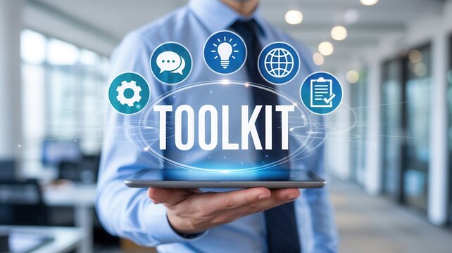 Professional businessman holding digital tablet displaying glowing interface with toolkit text and corporate icons inside blurred modern office interior workspace