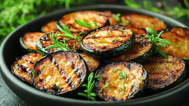 selective focus grilled baby zucchinis with olive oil herbs rosemary thyme charred surface
