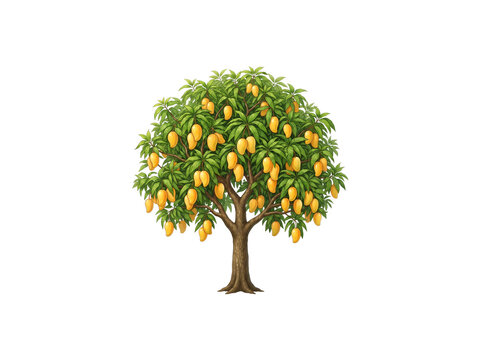 Mango tree with ripe yellow fruit, lush green tropical fruit tree on white background, organic mango orchard plant illustration