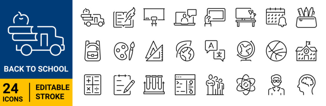 Set of 24 outline icons related to Back to school. Education and e learning. School, university, success, academic, textbook. Editable stroke. Vector illustration