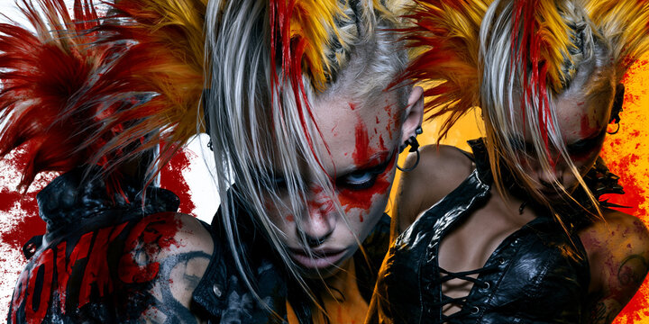 surreal retro punk woman with wild mohawk hairstyle, rebellious 1980s underground aesthetic, vintage punk fashion collage, eccentric vintage punk subculture