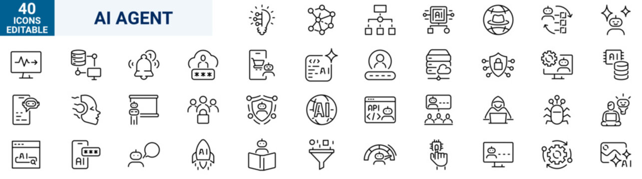 AI Agent outline icons set. Linear icon collection includes autonomous AI, AI assistant, multi-agent system, tool calling, reasoning, planning, memory, prompt engineering, workflow automation, Editabl