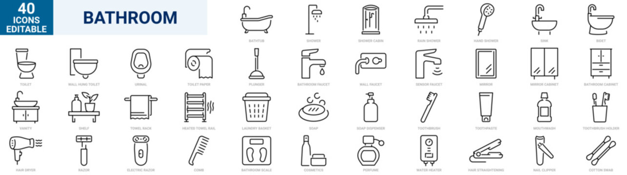 Bathroom line icons collection in editable stroke style. Set includes bathtub, shower, sink, toilet, mirror, towel, faucet, hygiene products, bathroom furniture, plumbing fixtures, cleaning accessorie