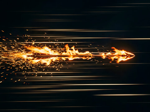 A flaming arrow streaks rapidly against a dark background.
