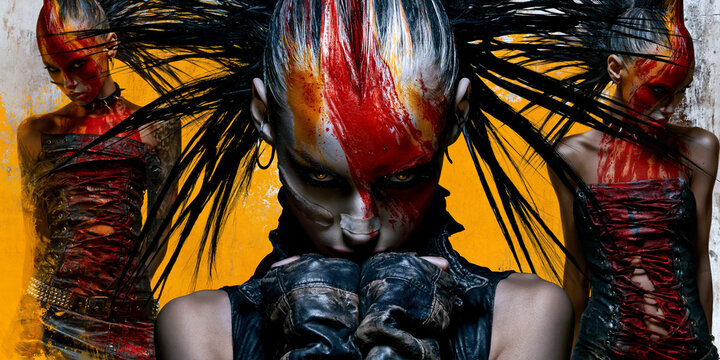 surreal retro punk woman with wild mohawk hairstyle, rebellious 1980s underground aesthetic, vintage punk fashion collage, eccentric vintage punk subculture