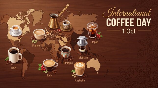 International Coffee Day banner with world map and global coffee varieties. Brown wood background with espresso, latte, and cezve. October 1st celebration graphic.