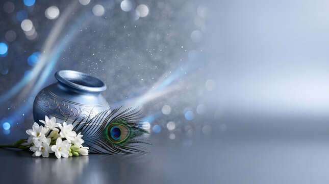 Janmashtami Background with Blue Matki Pot, Peacock Feather, and White Jasmine Flowers on Elegant Bokeh Glitter Surface with Copy Space