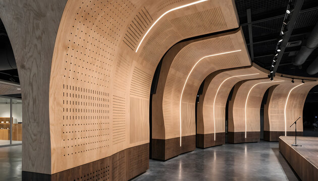 Modern curved wooden wall panels with integrated LED lighting, contemporary interior architecture of a corporate lobby or auditorium