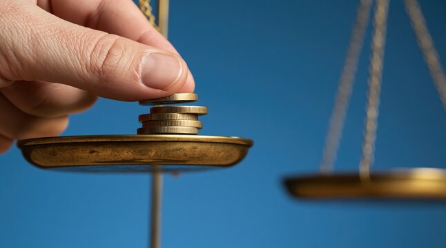 Hand placing gold coin on scale pan with stack of coins