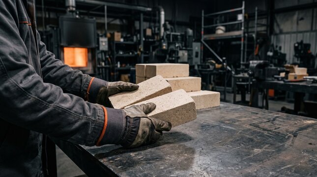 Technician inspects refractory bricks before furnace repair
