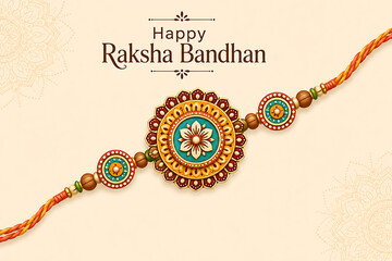 Fototapeta premium Detailed floral rakhi thread laying diagonally on light beige mandala background for celebrating the auspicious indian festival of happy raksha bandhan today