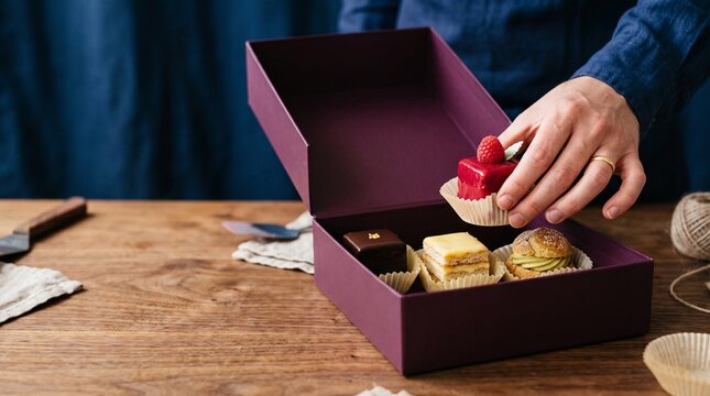 Hand packing petit fours in a premium gift box