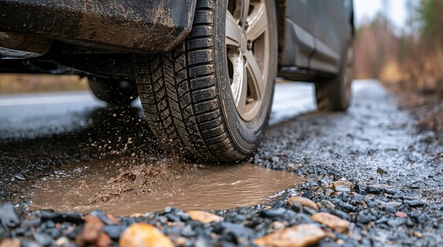 Low angle view of car tire splashing muddy water in puddle