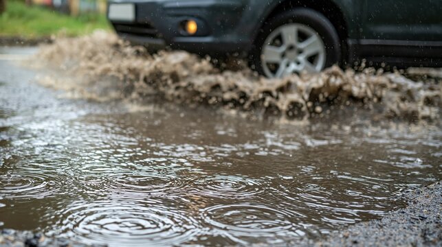 Car driving through large puddle with water splashing on rainy day